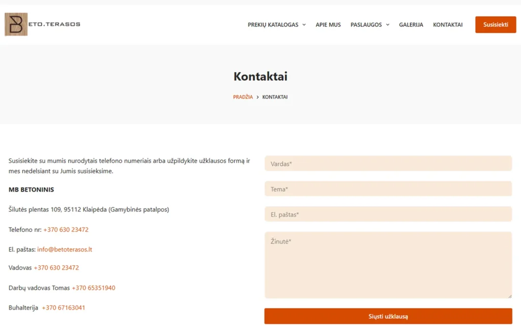 BetoTerasos kontaktų formos atnaujinimas po